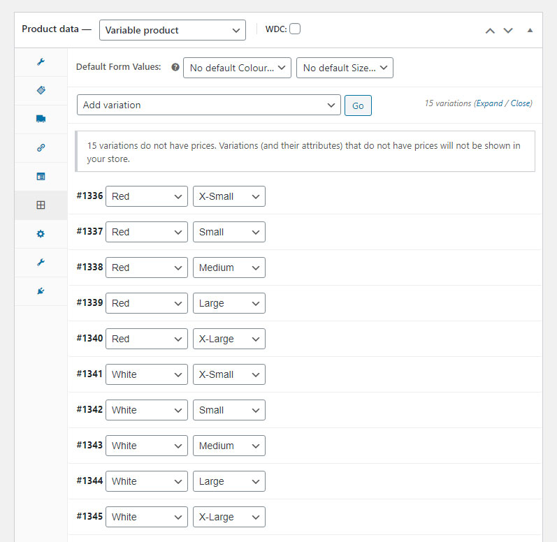 A product with Variations added to a WooCommerce shop